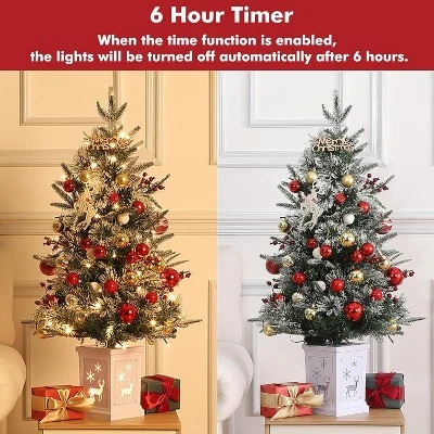 3FT Small Pre-Lit Artificial Christmas Tree With 78 LED Lights, Snow Flocked Xmas Tree With Red Berries, Pine Cones, Timer/Battery-Operated Base 7 3FT Small Pre-Lit Artificial Christmas Tree With 78 LED Lights, Snow Flocked Xmas Tree With Red Berries, Pine Cones, Timer/Battery-Operated Base - Image 5