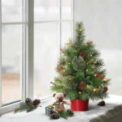 2ft Puleo Pre-Lit Tabletop Artificial Christmas Tree Red Base Clear Lights: Indoor Use, No Assembly Required