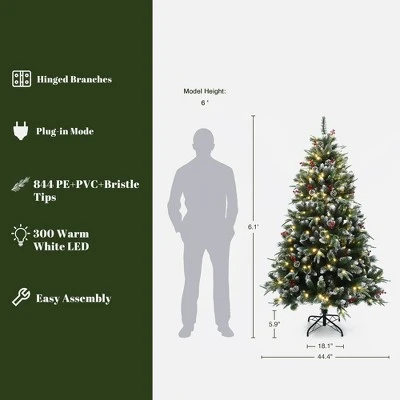 LuxenHome 6Ft Pre-Lit Artificial Pine Christmas Tree With Frosted Tips, Pinecones, And Red Berries Green 4 LuxenHome 6Ft Pre-Lit Artificial Pine Christmas Tree With Frosted Tips, Pinecones, And Red Berries Green - Image 2