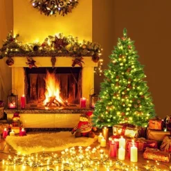 Costway 4.5Ft6.5Ft7.5Ft Pre-lit Hinged Christmas Tree W/ Pine Cones Red Berries And 300450450 LED Lights