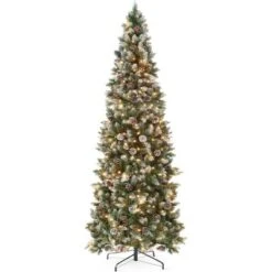 Frosted Pencil Christmas Tree With Warm White Lights, Pre-Lit Artificial Xmas Tree For Home Or Party, Slim Holiday Tree Includes Sturdy Stand