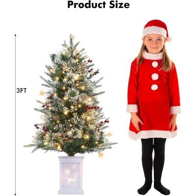 3FT Small Pre-Lit Artificial Christmas Tree With 78 LED Lights, Snow Flocked Xmas Tree With Red Berries, Pine Cones, Timer/Battery-Operated Base 3 3FT Small Pre-Lit Artificial Christmas Tree With 78 LED Lights, Snow Flocked Xmas Tree With Red Berries, Pine Cones, Timer/Battery-Operated Base