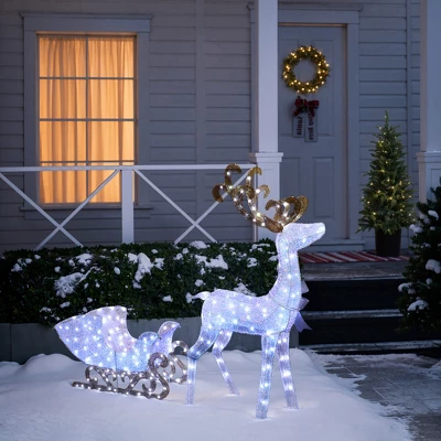 LuxenHome 2-Piece White Reindeer And Sleigh With Silver Bow And Ornaments Outdoor Holiday Decoration With Lights White, Multi, Silver, Brown 5 LuxenHome 2-Piece White Reindeer And Sleigh With Silver Bow And Ornaments Outdoor Holiday Decoration With Lights White, Multi, Silver, Brown - Image 3
