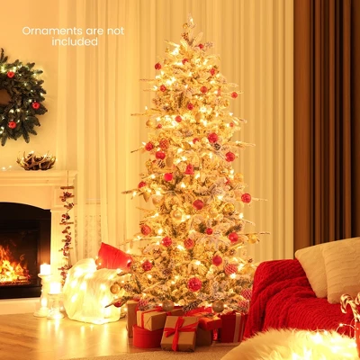 Costway 6 FT/7.5FT Pre-Lit Christmas Tree Snow Flocked Hinged With 715/1107 Branch Tips & 210/350 Lights 3 Costway 6 FT/7.5FT Pre-Lit Christmas Tree Snow Flocked Hinged With 715/1107 Branch Tips & 210/350 Lights