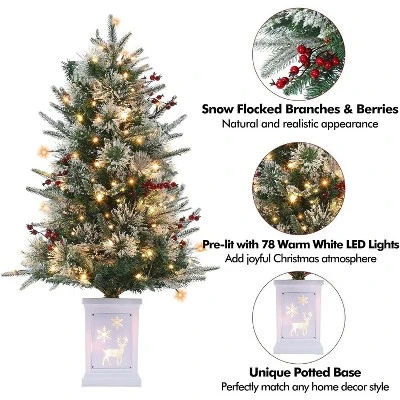 3FT Small Pre-Lit Artificial Christmas Tree With 78 LED Lights, Snow Flocked Xmas Tree With Red Berries, Pine Cones, Timer/Battery-Operated Base 6 3FT Small Pre-Lit Artificial Christmas Tree With 78 LED Lights, Snow Flocked Xmas Tree With Red Berries, Pine Cones, Timer/Battery-Operated Base - Image 4