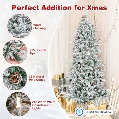 Costway 6 FT/7.5FT Pre-Lit Christmas Tree Snow Flocked Hinged With 715/1107 Branch Tips & 210/350 Lights 7 Costway 6 FT/7.5FT Pre-Lit Christmas Tree Snow Flocked Hinged With 715/1107 Branch Tips & 210/350 Lights - Image 5