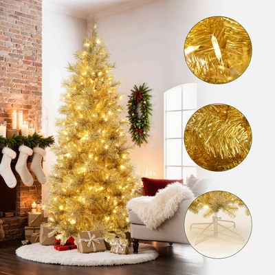 LuxenHome 7.5Ft Pre-Lit Gold Tinsel Artificial Pine Tree With Metal Stand 3 LuxenHome 7.5Ft Pre-Lit Gold Tinsel Artificial Pine Tree With Metal Stand
