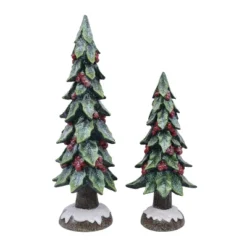 Transpac Set Of 2 Resin Berry Trees Glitter Decorative Christmas Tabletop Sculptures Indoor Holiday Decor Gift