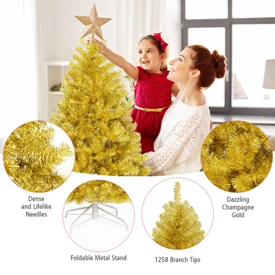 Costway 7.5Ft Hinged Unlit Artificial Tinsel Christmas Tree Holiday,Silver ,Gold 11 Costway 7.5Ft Hinged Unlit Artificial Tinsel Christmas Tree Holiday,Silver ,Gold - Image 9