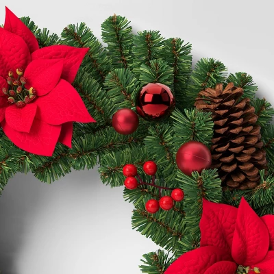 24" Decorated Pine And Poinsettia Flower Artificial Christmas Wreath - Wondershop™ 4 24" Decorated Pine And Poinsettia Flower Artificial Christmas Wreath - Wondershop™ - Image 2