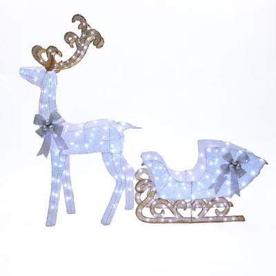 LuxenHome 2-Piece White Reindeer And Sleigh With Silver Bow And Ornaments Outdoor Holiday Decoration With Lights White, Multi, Silver, Brown 10 LuxenHome 2-Piece White Reindeer And Sleigh With Silver Bow And Ornaments Outdoor Holiday Decoration With Lights White, Multi, Silver, Brown - Image 8