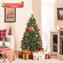 Costway 5/6/7 FT Christmas Tree Artificial Xmas Tree With 8 Lighting Modes 49/64/80 Warm LED Lights