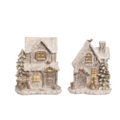 Transpac Light Up Holiday Cabin Decor Set Of 2 Christmas Resin Home Decorations For Festive Cheer