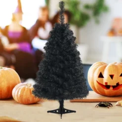 Tangkula 3 Ft Black Artificial Tree Unlit Halloween And Christmas Decoration Tree Compact Festival Party Supplies Black/Pink