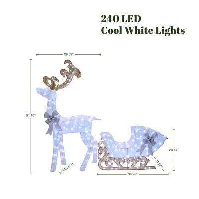 LuxenHome 2-Piece White Reindeer And Sleigh With Silver Bow And Ornaments Outdoor Holiday Decoration With Lights White, Multi, Silver, Brown 3 LuxenHome 2-Piece White Reindeer And Sleigh With Silver Bow And Ornaments Outdoor Holiday Decoration With Lights White, Multi, Silver, Brown
