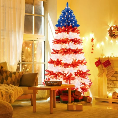 Costway 7.5 FT Patriotic Pre-Lit Artificial Christmas Tree With 1341 Branch Tips 480 Lights 5 Costway 7.5 FT Patriotic Pre-Lit Artificial Christmas Tree With 1341 Branch Tips 480 Lights - Image 3