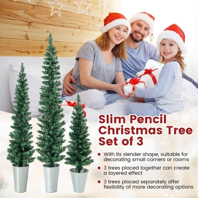 Costway Potted Artificial Christmas Tree Set Of 3 With 3/4/5 FT Faux Slim Pencil Trees 8 Costway Potted Artificial Christmas Tree Set Of 3 With 3/4/5 FT Faux Slim Pencil Trees - Image 6