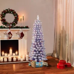 4.5ft Puleo Pre-Lit Purple Flocked Slim Artificial Christmas Tree Clear Lights: Indoor Holiday Decor With Metal Base