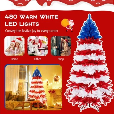 Costway 7.5 FT Patriotic Pre-Lit Artificial Christmas Tree With 1341 Branch Tips 480 Lights 9 Costway 7.5 FT Patriotic Pre-Lit Artificial Christmas Tree With 1341 Branch Tips 480 Lights - Image 7