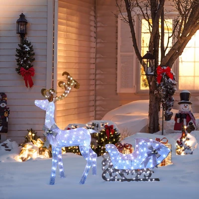 LuxenHome 2-Piece White Reindeer And Sleigh With Silver Bow And Ornaments Outdoor Holiday Decoration With Lights White, Multi, Silver, Brown 6 LuxenHome 2-Piece White Reindeer And Sleigh With Silver Bow And Ornaments Outdoor Holiday Decoration With Lights White, Multi, Silver, Brown - Image 4