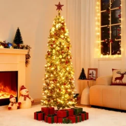 6ft/7.5ft/9ft/12ft Pre-Lit Pencil Christmas Tree With Dual-Color Lights, Slim Artificial Indoor Outdoor Xmas Tree For Home & Apartment