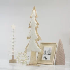 Northlight Snowy Wooden Tree Christmas Decoration - 14.5" - Beige And White